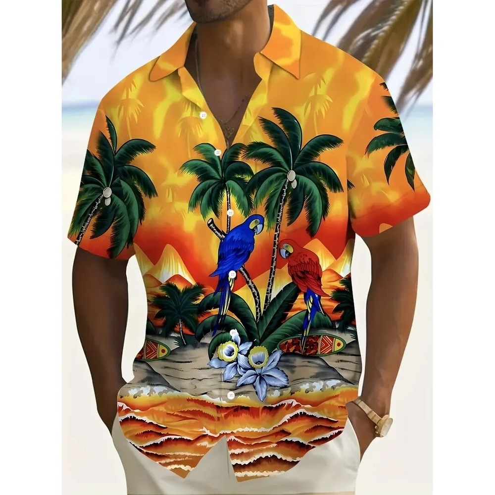 Orange & Yellow Parrot Themed Tropical Men's Short‎ Sleeve Shirt 3XL